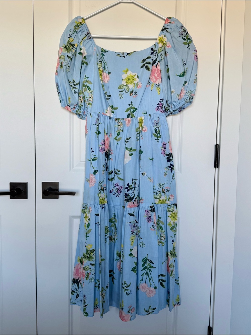 Eliza J Blue Pink Floral Puff Sleeve Midi Dress Wedding Guest Size 2